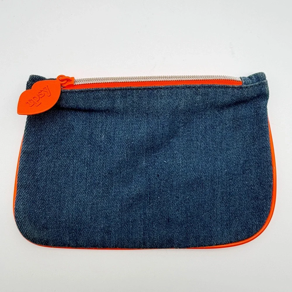 Ipsy Denim Makeup Bag Cosmetic Pouch Orange Lining‎ Zipper Glam Bag
